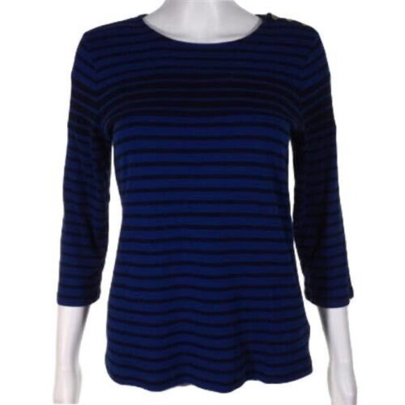 Charter Club Womens L Striped Blue & Black Pullover Top With Gold Button Accents - Picture 4 of 9